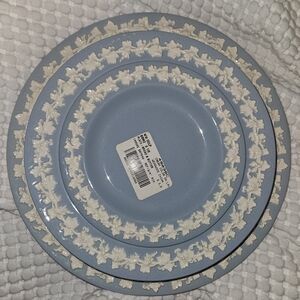 Wedgwood Embossed Queensware Cream on Lavender Blue Dinner Plate  Set